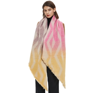Thick geometric knit shawl for women featuring pink and purple gradient patterns