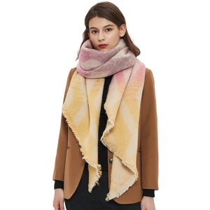 Thick geometric gradient shawl wrap for women with tassel trim in soft pink and purple