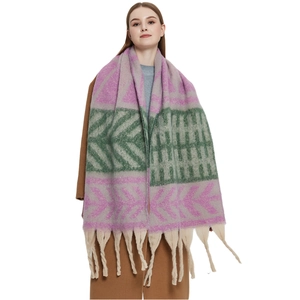 Winter Knitted Scarf Warm Thick Shawl Geometric Leaf Jacquard Long Tassels Polyester Faux Cashmere Soft Elegant Wrap