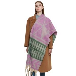 Thick faux mohair shawl scarf with pink green leaf jacquard and long tassels