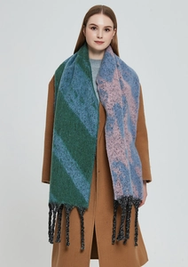 Detail of color-block knit scarf with textured boucle yarn and tassel edge fringe