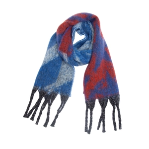 Detail of winter thick scarf with red, blue, and grey plaid pattern and long black tassels