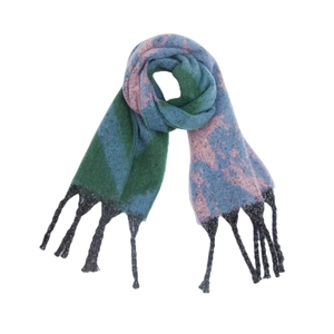Macro detail of tricolor knit scarf featuring blue green and pink blocks with black tassels