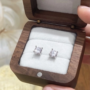Elegant four-prong AAA zircon stud earrings in a luxury walnut wood jewelry box