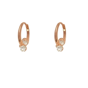 Elegant rose gold hoop earrings featuring two sparkling interlocking round zircons