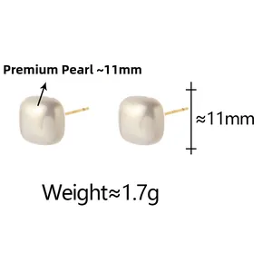 Detail view of 11mm square pearl earrings with 925 silver studs weighing 1.7g