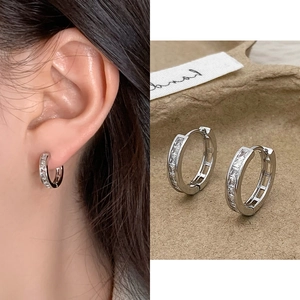 Women Huggie Hoop Earrings Silver Color Copper With Square Cut Cubic Zirconia Row Inlaid Minimalist Korean Style Jewelry