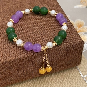 Natural Stone Artificial Pearl Beaded Bracelet For Women Vintage Style With Tassel Gold Plated Flower Spacer Handcrafted Jewelry