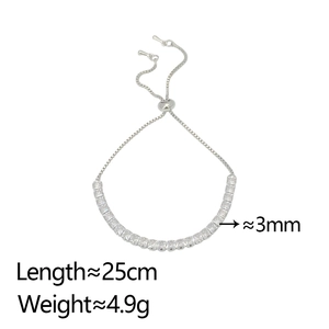 Detail view of adjustable silver bolo bracelet with 3mm square zirconia stones and 25cm chain