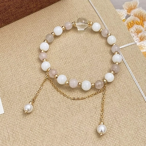 Handmade Beaded Bracelet Natural Stone Shell Artificial Pearl Tassel Pendant French Light Luxury Style Women Brass Gold Plated