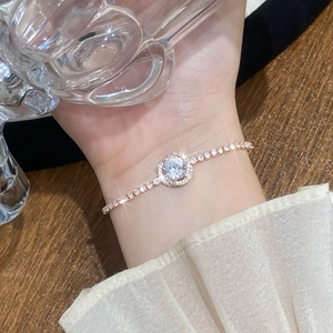 Elegant Rose Gold Plated Copper Bracelet For Women With Halo Round Cubic Zirconia And Adjustable Sliding Bolo Clasp