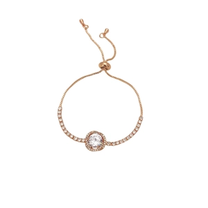 Elegant rose gold bolo bracelet with a sparkling round zircon halo charm on white background