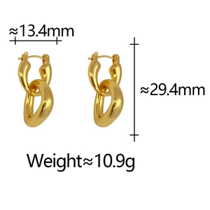 Detail view of chunky gold chain link earrings showing dimensions 13.4mm width and 29.4mm height