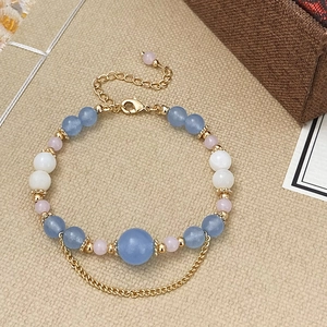 Natural Stone Shell Beaded Bracelet For Women Double Layer Gold Fine Chain Tassel Adjustable Elegant Jewelry