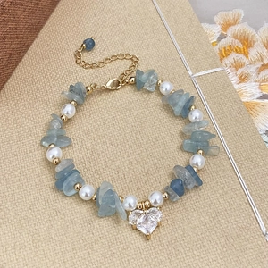 Handmade pearl and blue crystal beaded bracelet with heart zircon pendant and gold clasp