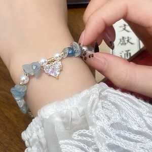 Heart Pendant Beaded Bracelet Blue Irregular Crystal White Simulated Artificial Pearl Gold Tone Zircon Handmade Jewelry For Women