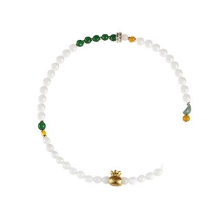 Bracelet fait main en perles de calcédoine verte et pendentif sac de chance doré