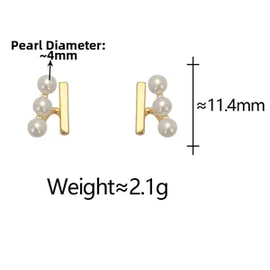 Detailed size view of triple shell pearl earrings in 18K gold plating with measurements