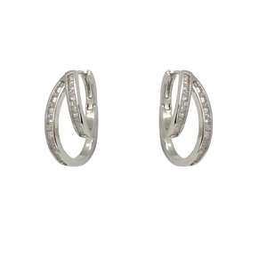 Modern double circle silver hoop earrings featuring baguette-cut cubic zirconia stones