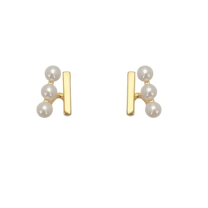 French style 18K gold-tone earrings featuring three elegant white vertical pearls