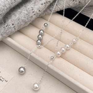 French Style Elegant Tassel Pendant Lariat Necklace Women Copper Jewelry Imitation Artificial Pearls Adjustable Sweater Chain