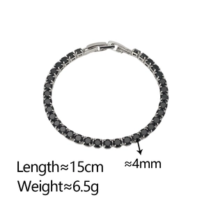 Silver-toned tennis bracelet featuring 4mm black round zircon stones and secure clasp
