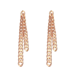 Rose gold Cuban link tassel earrings with double strand drop design on white background