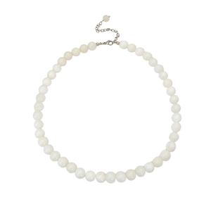 Minimalist white beaded necklace with adjustable silver extension chain and lobster clasp
