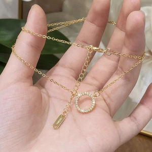 Geometric Round Circle Pendant Necklace Copper Plated Real Gold Full Pavé Cubic Zirconia Minimalist Jewelry For Women