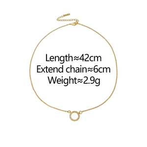Detail view of gold geometric round necklace with size specifications and pavé zircon