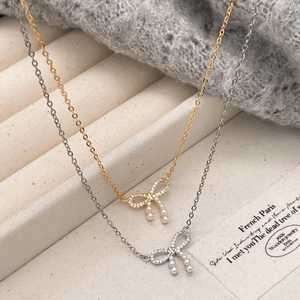 Bow Pendant Necklace Copper Cubic Zirconia Imitation Artificial Pearl Gold Plated French Retro Elegant Jewelry For Women Gift