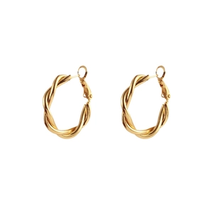 Elegant gold twisted hoop earrings with a braided texture and minimalist aesthetic design