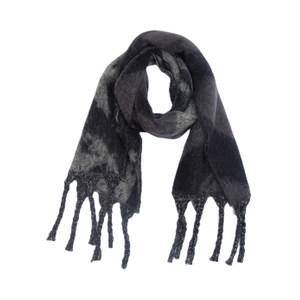 Detail of gray camouflage knit scarf with thick fringe tassels and star pattern wool texture