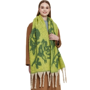 Winter faux mohair scarf with bold green floral jacquard and cream tassels