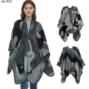 Women's autumn winter knit shawl wrap with large jacquard leopard print in grey and black