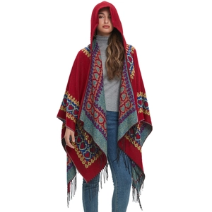 Red bohemian hooded poncho cloak with heart geometric patterns and black fringe tassels