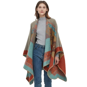 Bohemian Geometric Jacquard Thickened Poncho Shawl Ethnic Split Open Front Acrylic Cape For Women Winter Warm