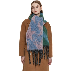 Winter chunky knit scarf with multi-color patchwork, star patterns and fringe tassels