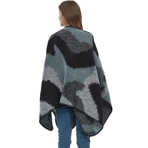 Women's jacquard shawl with abstract wave patterns in dark green and grey knit fabric