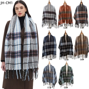 Classic checkered polyester scarf with long tassels in various color patterns for winter