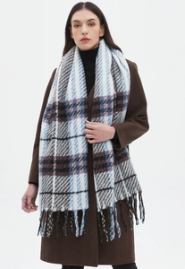 Detail of multi-color plaid scarf with soft fringe trim and thick knit texture