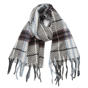Detailed close-up of plaid scarf texture with soft blue and beige fringe tassels