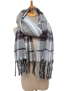 Detailed view of thick plaid scarf with blue and red checkers and fringed edge