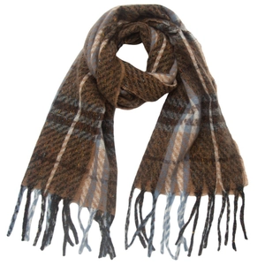 Detail of multi-color plaid scarf with nep yarn texture and long fringe tassels