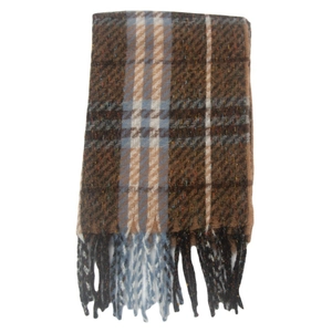 Close-up of the thick plaid scarf fabric with tassels in brown, blue and beige tones