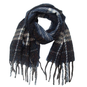 Detailed view of dark blue plaid scarf featuring red-brown stripes and soft fringe trim