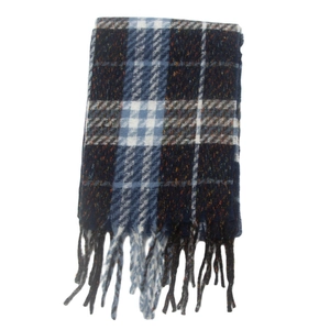Detail of plaid scarf texture with dark blue check pattern and fringe tassels