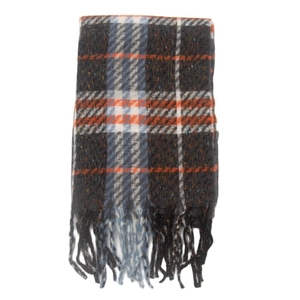 Detailed view of plaid scarf with soft fringe tassels and classic checkered pattern