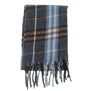Detailed view of plaid scarf fabric showing blue and brown patterns with tassel fringe edges