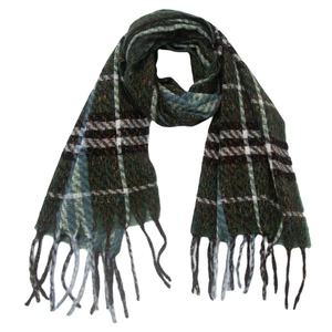 Close-up of classic green and navy plaid scarf with soft fringe and twill weave texture